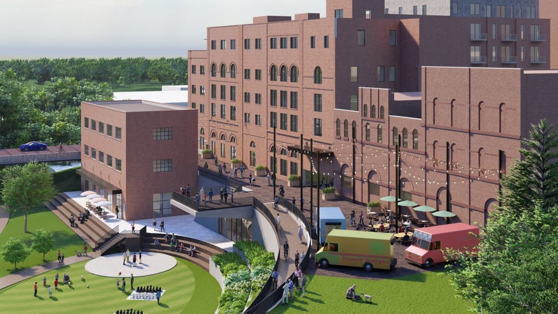 Rendering of proposed green space in foreground with Hamm's Brewery building in the background